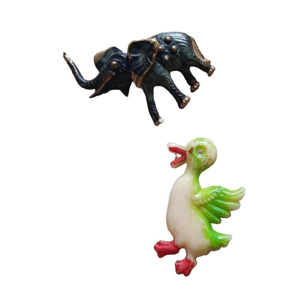 Cute Elephant and Duck Pin Duo - Black, Gold, Cream & Green